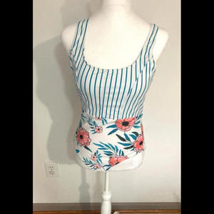 Jolefille One Piece Swimsuit Bathing Suite Womens Size M Turquoise Stripe Floral